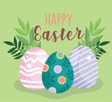 happy easter cute eggs painting with flowers geometric lines vector