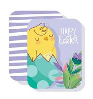 feliz pascua tarjeta pollo en cáscara de huevo flores hojas vector