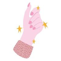 manicure, female hand showing nails of pink color in cartoon style vector