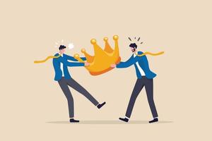 Staff conflict or employee argument, fighting for job promotion or jealousy colleague concept, angry coworker fighting by pulling golden crown metaphor of job promotion position. vector