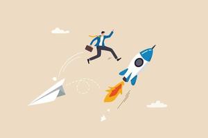 Change to better company, innovation to help success or career change to new path, alternative way or direction concept, ambitious businessman jump from old origami airplane to growing up rocket. vector