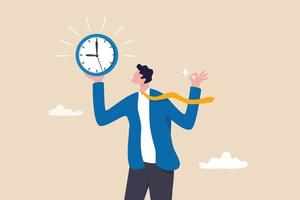 Punctuality, being on time for appointment or schedule, finish work within deadline or timing, meeting reminder or time management concept, punctual businessman holding clock with precise timing. vector