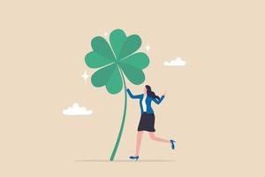 Luck for success, blessing for work opportunity, fortune or chance, good luck or happiness concept, lucky businesswoman with crossed finger gesture holding lucky clover leaf.