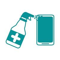 covid 19 coronavirus, limpie el teléfono con una botella de spray de alcohol, icono de diseño de línea pandémica de enfermedad de brote de prevención vector