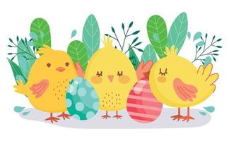 happy easter cute chickens decorative eggs foliage decoration vector