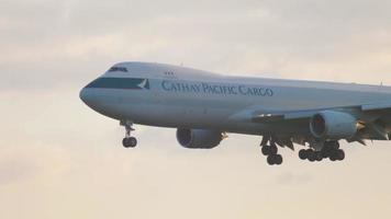 FRANKFURT AM MAIN, GERMANY JULY 21, 2017 - Cathay Pacific Cargo Boeing 747 B LJM approaching at early morning, runway 25C. Fraport, Frankfurt, Germany video