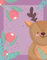 christmas little reindeer holly berry winter animal cartoon card vector