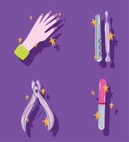 conjunto de iconos de manicura, empujador de cutículas de lima de uñas manual y herramientas de corte diseño de estilo de dibujos animados vector