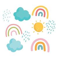 dibujos animados arcoíris sol nubes lluvia cielo iconos vector