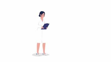 Animated female physician character. Medical specialist with tablet. Flat person HD video footage with alpha channel. Color cartoon style illustration on transparent background for animation