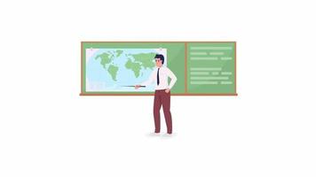 Animated geography teacher character. Showing continents on map. Full body flat person HD video footage with alpha channel. Color cartoon style illustration on transparent background for animation