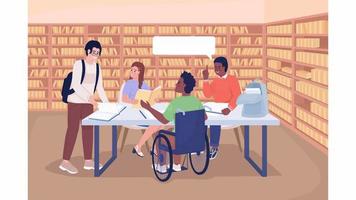 Animated group project illustration. Studying at library with friends. Diverse community. Looped flat color 2D cartoon characters animation video in HD with school interior on transparent background