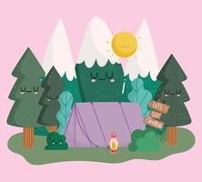 camping tent mountains trees forest nature in cartoon style design vector
