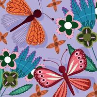 butterflies and flowers colored fauna and flora decoration background vector