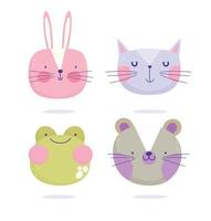 conejitos gatos ratones rana caras animales dibujos animados lindas texto vector