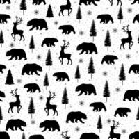 Seamless pattern with bears, reindeers, snowflakes and trees. Winter seamless pattern vector