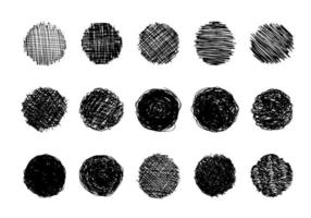 Sketch scribble smear. Set of fifteen black pencil drawings in the shape of a circle on white background. Great design for any purposes. Vector illustration.