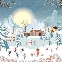 paisaje de escena de invierno en la noche de Navidad, banner vectorial lindo país de las maravillas de invierno en la ciudad con niños felices paseando en trineo y jugando patines de hielo en el parque, feliz Navidad, fondo de año nuevo 2023 vector