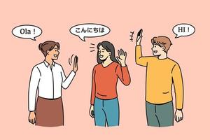 concepto de comunicación y saludo de varias nacionalidades. tres jóvenes personajes de dibujos animados español inglés y chino de pie y saludándose unos a otros en sus idiomas ilustración vectorial vector