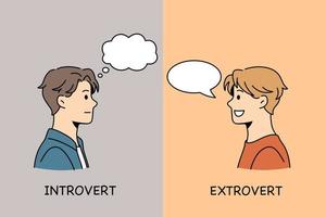 Ser introvertido o extrovertido concepto. joven chico serio introvertido y chico sonriente extrovertido parados uno frente al otro con letras ilustración vectorial vector