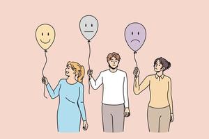 Diverse people hold balloons with different emotions. Clients or consumers leave feedback on good or bad quality service. Consumerism, answer and reaction concept. Flat vector illustration.