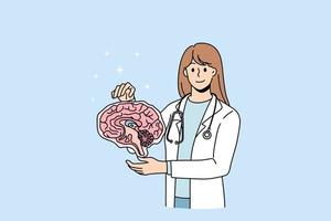 Smiling neurology surgeon hold human brain model examine body organ. Happy neuroscientist do research clinical investigation. Diagnostics and treatment concept. Flat vector illustration.