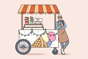 Street sweet food truck concept. Store corner with ice cream cones and various flavours and man seller standing near vector illustration