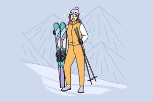 Active winter lifestyle and leisure concept. Young smiling woman cartoon character standing holding mountain ski and sticks on mountains in winter vector illustration