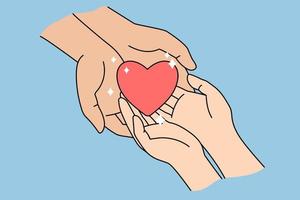 People hold heart in hands show love and care in relations. Human kindness and support. Volunteer demonstrate mercy and goodness. Charity, affection concept. Flat vector illustration.