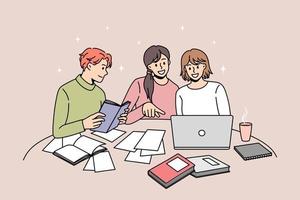 Happy diverse young people study together with books and laptop prepare for school exam or test. Smiling students learn using computer and textbooks. Education concept. Flat vector illustration.