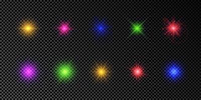 Light effect of lens flares. Set of multicolor glowing lights starburst effects with sparkles on a dark transparent background. Vector illustration