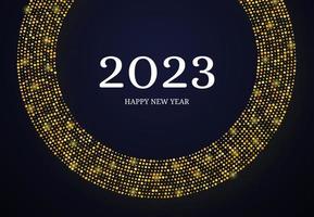 2023 Happy New Year of gold glitter pattern in circle form. Abstract gold glowing halftone dotted background for Christmas holiday greeting card on dark background. Vector illustration