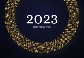 2023 Happy New Year of gold glitter pattern in circle form. Abstract gold glowing halftone dotted background for Christmas holiday greeting card on dark background. Vector illustration