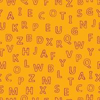 Doodle alphabet seamless background. Endless vector pattern with purple letters on a yellow background.