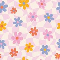 1970s retro daisy seamless pattern on pink distorted checkered background. Hippie aesthetic. Vector illustration. Flat Design. Kids graphic cover or sticker.