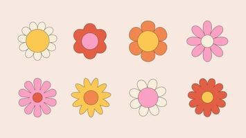 Set of retro flowers. Collection of different flowers in a hippie style. Vector illustration isolated on a white background