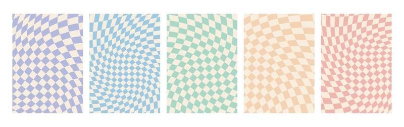 A set of chessboard backgrounds in pale pastel colors. Clockwork chessboard pattern in hippie style. Retro psychedelic design of the 70s. A collection of vector wallpapers in a cage.