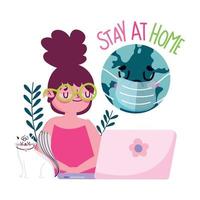 stay at home, young woman with cat laptop world quarantine covid 19 vector