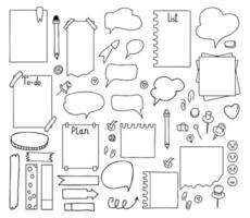 Notebook labels. Collection of stationery sheets, planners, to do list, reminder, notepaper, paperclips and stickers. Vector Isolated hand drawn doodles.