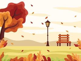 Flat design illustration of an autumn park with a bench and lantern - Autumn Hygge Flat Vector Design Illustration