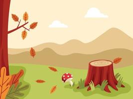 Flat illustration of a park with a tree stump and mushroom for an autumn celebration. vector