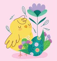 feliz pascua lindo pollo con huevo decorado con flores hojas vector