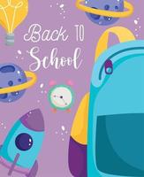 back to school, backpack alarm clock rocket planets elementary education cartoon vector