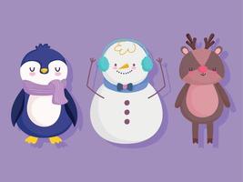 feliz navidad lindo pingüino muñeco de nieve y renos dibujos animados decoración y celebración vector