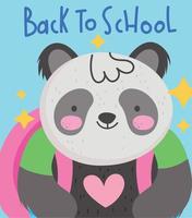 regreso a la escuela, panda con mochila y dibujos animados de texto escrito a mano vector