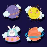 space adventure galaxy cartoon in style icons set planet ufo sun and rabbit vector