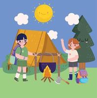 camping, boy and girl campsite tent and pot in bonfire cartoon style vector