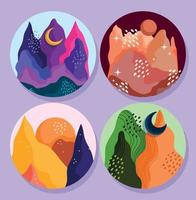 abstract landscape icons set mountains, moon sky beautiful sceneries vector