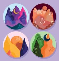 iconos de paisajes abstractos establecen montañas, cielo lunar hermosos paisajes vector