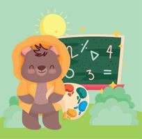 regreso a la escuela, oso lindo con pizarra y dibujos animados de colores de paleta vector